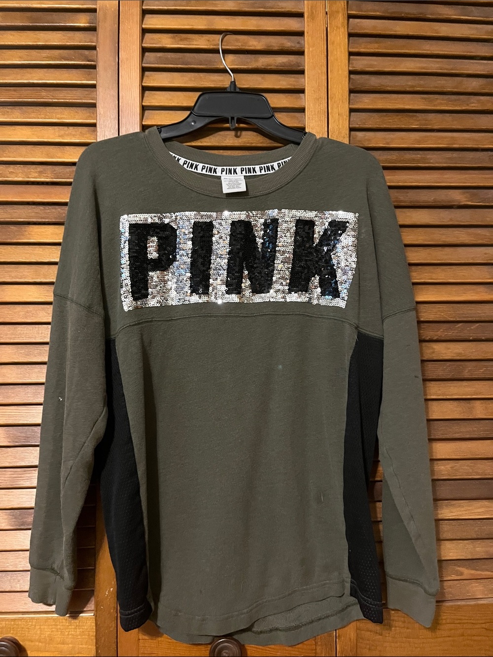 PINK Victoria's Secret Olive Green Sweatshirt with Black Sequin Logo